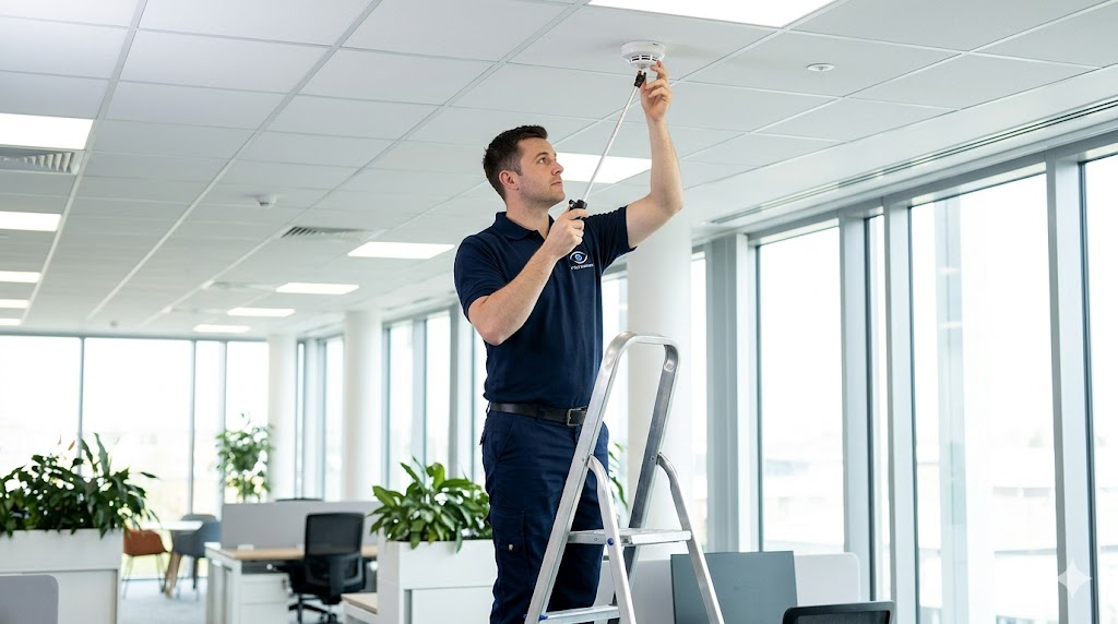 Security engineer testing a ceiling-mounted smoke detector in a modern office